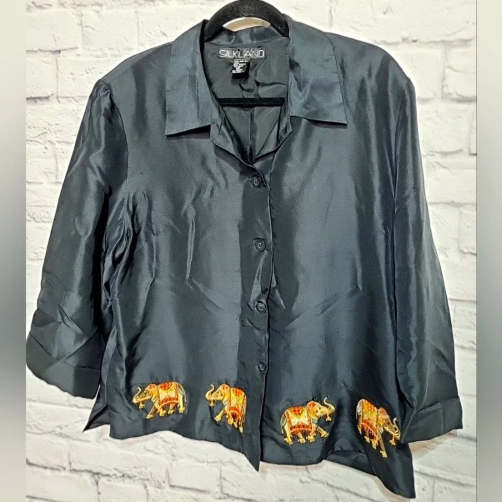 SILKLAND 100% Silk Black Jacket Button Up Embroidered Elephants Size 16 Women's